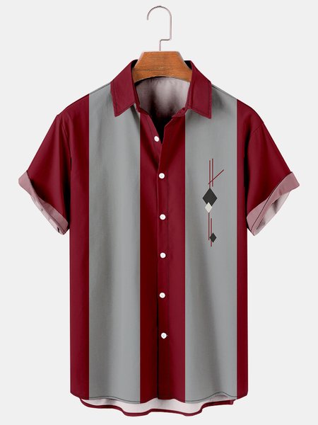 Mens Casual Art Geometric Stripes Short Sleeve Shirt Lapel Print Top, Red, Men's Floral shirt