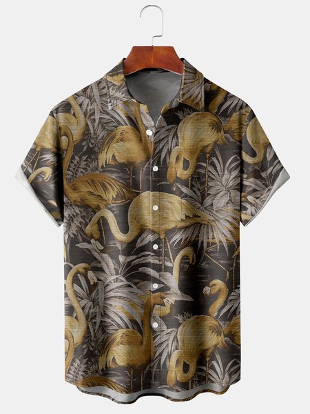 Men's Hawaiian Ostrich Print Casual Breathable Short Sleeve Shirt, Black-brown, Men's Floral shirt