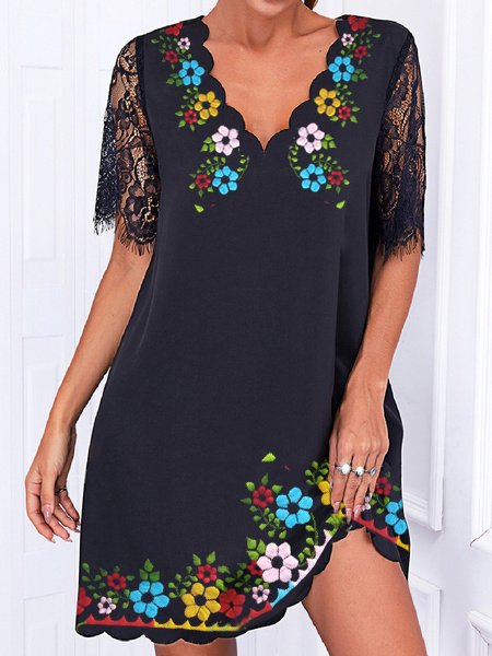 Mexico Devore Floral V Neck Short Sleeve Knit Dress, Black, Dresses