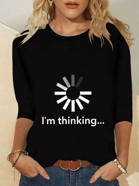 I'm Thinking Long Sleeve Round Neck Printed Top T-Shirt, Black, T-Shirts