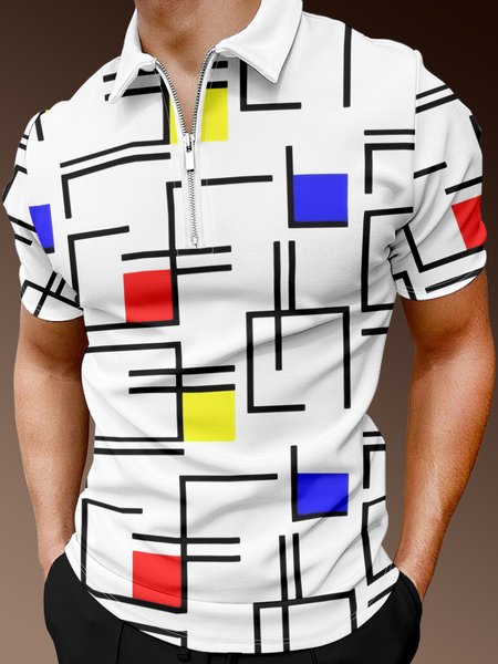 Casual Art Collection Geometric Striped Lapel Short Sleeve Polo Print Top, White, Men's t-shirts