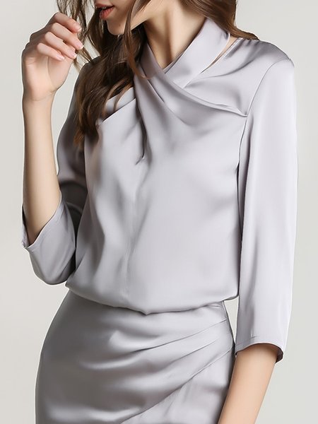 Daily Plain Elegant Halter Short Sleeve Top, Gray, Blouses and Shirts