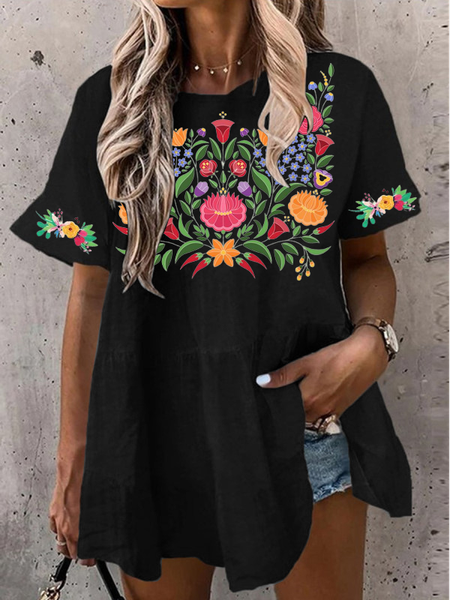 Tribal Crew Neck Boho Short Sleeve Tops, Black, Shirts & Blouses
