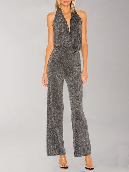 Elegant Cowl Neck Jumpsuit & Romper, Silver gray, Jumpsuits