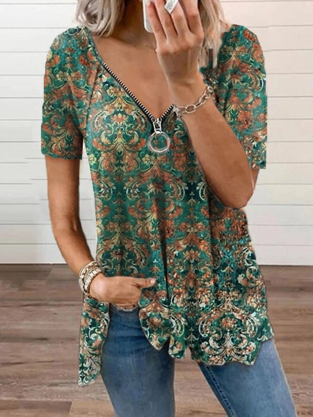 Paisley Short Sleeve Printed Cotton-blend V neck Holiday Summer Green Top, T-shirts
Paisley Short Sleeve Printed Cotton-blend V neck Holiday Summer Green Top, T-shirts
