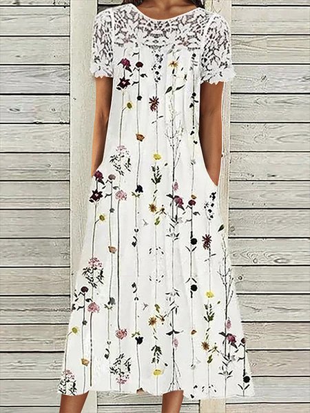 Lace Floral Short sleeve Crew Neck Casual Short sleeve Woven Dress, White, Midi Dresses
Lace Floral Short sleeve Crew Neck Casual Short sleeve Woven Dress, White, Midi Dresses