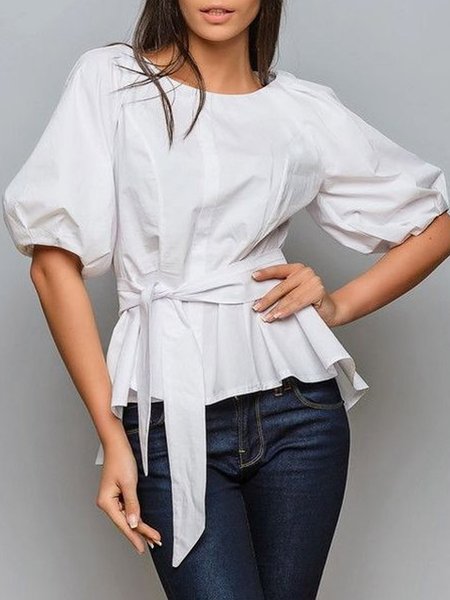 Puff Sleeve Vacation Top With Belt, White, Tops