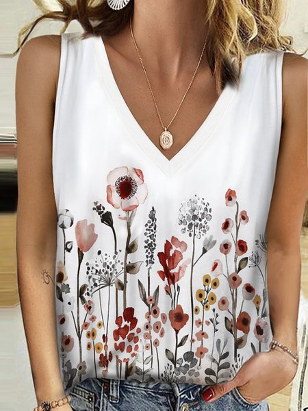 Floral Casual Knit, White, Tank Top