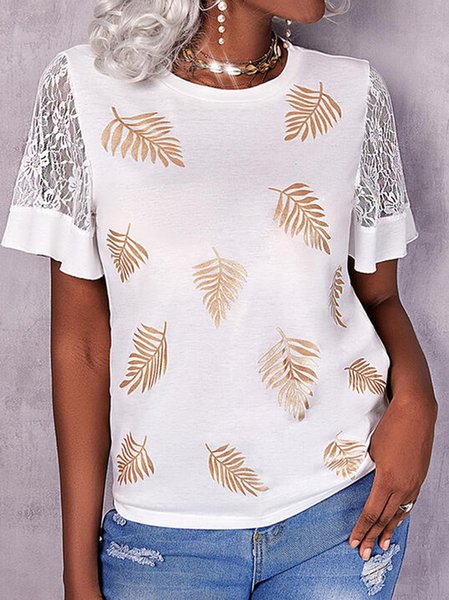 Casual Leaves Printed Short Sleeve Tops, White, Tees & T-shirts