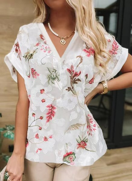 V Neck Floral Casual Short Sleeve Tops, White, Shirts & Blouses
