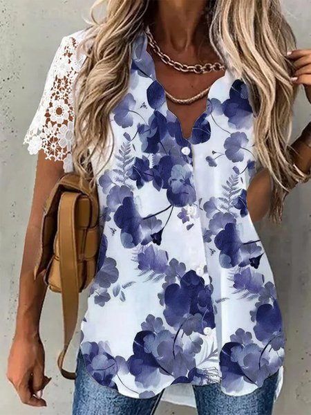 Floral Lace V Neck Buttoned Loosen Short Sleeve Blouse, White, Blouses & Shirts
