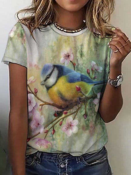 Crew Neck Casual Bird Short Sleeve T-Shirt, As picture, T-shirts