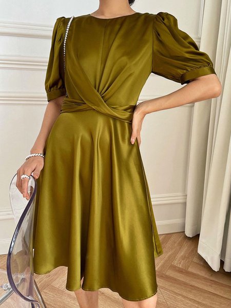 Summer Lightweight Crew Neck Elegant Satin Short Sleeve Woven Dress, Green, Midi Dresses
Summer Lightweight Crew Neck Elegant Satin Short Sleeve Woven Dress, Green, Midi Dresses