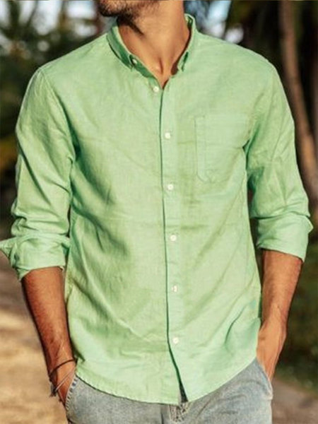 Cotton Linen Style American Casual Basic Versatile Linen Shirt, Green, Shirts & Blouse