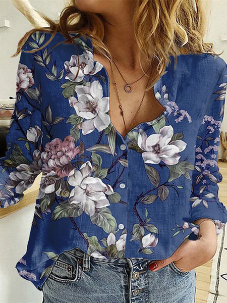 Casual Shirt Collar Floral Long Sleeve Blouse, As picture, Blouses & Shirts