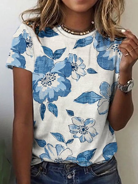 Crew Neck Regular Fit Floral Short Sleeve T-Shirt, White, T-Shirts