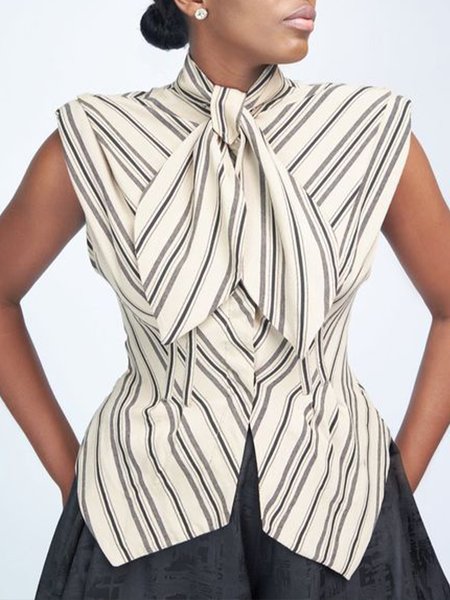Striped Tie Neck Short Sleeveless Top, Stripe, Tops
