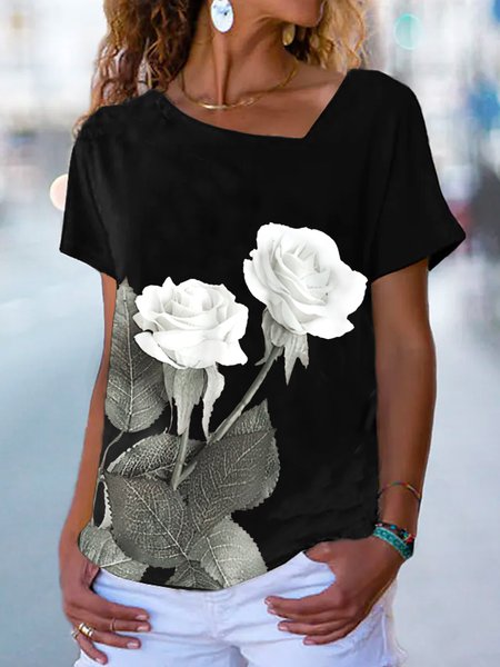 Floral Casual Asymmetrical Neck Short Sleeve T-Shirt, Black, T-Shirts