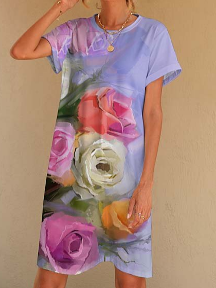 Casual Short Sleeve Woven Dress, Purple, Floral Dresses