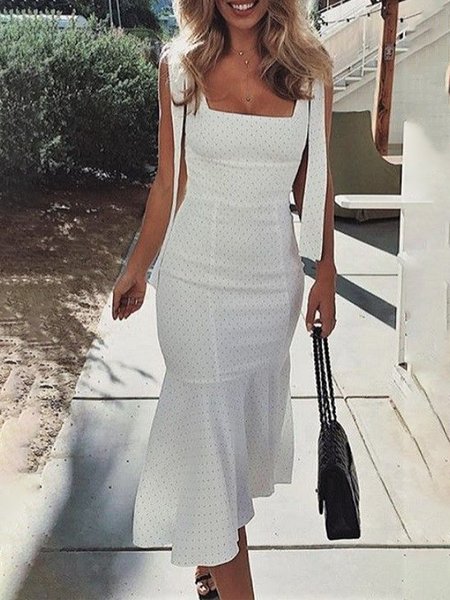 Spaghetti Skinny Polka Dots Sleeveless Woven Midi Dress, White, Maxi Dresses