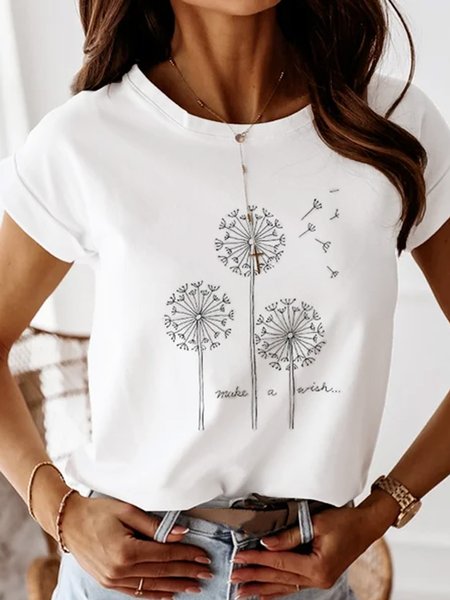 Floral Casual Loose Short Sleeve Top, White, Tees & T-shirts