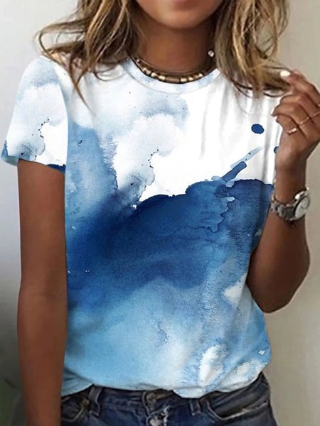 Tie Dye Casual Crew Neck Short Sleeve T-Shirt, Blue, T-Shirts