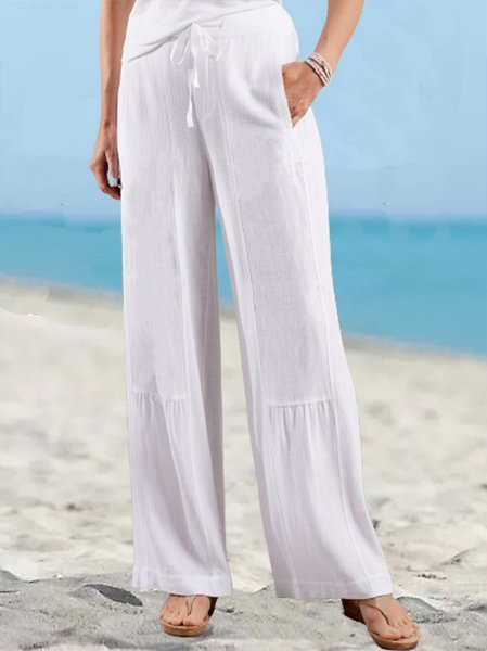 Cotton Solid Loosen Pants, White, Pants