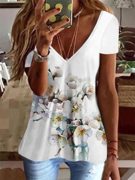 Floral V Neck Casual Short Sleeve T-Shirt, White, T-Shirts