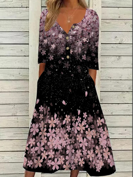 JFN V Neck Floral Vacation Midi Dress, Black, Dresses