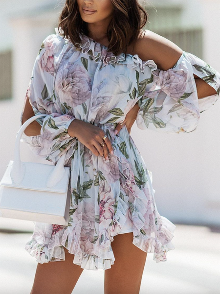 Boat Neck Vacation Long Sleeve Woven Dress, Light purple, Mini Dresses