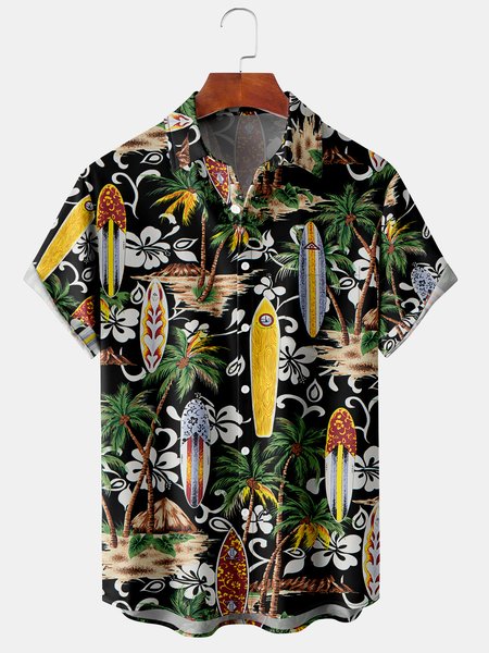Hawaiian Surfboard Graphic Men's Casual Short Sleeve Shirt, Black, Men's Floral shirt