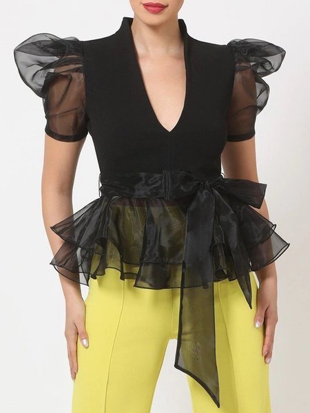 Elegant Solid Short Sleeve V Neck Top, Black, Tops