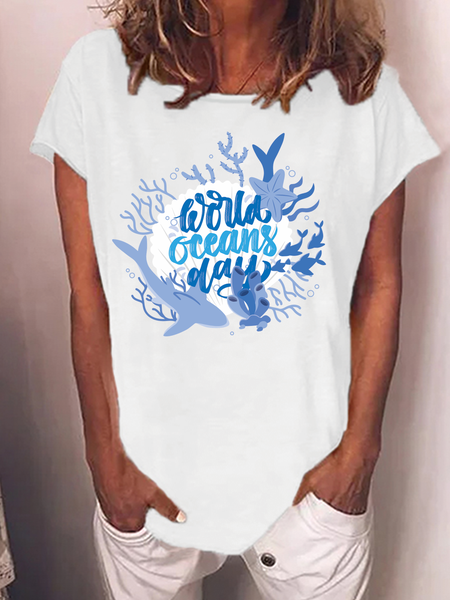 World Oceans Day Sea Loosen Crew Neck Short Sleeve T-Shirt, White, T-shirts