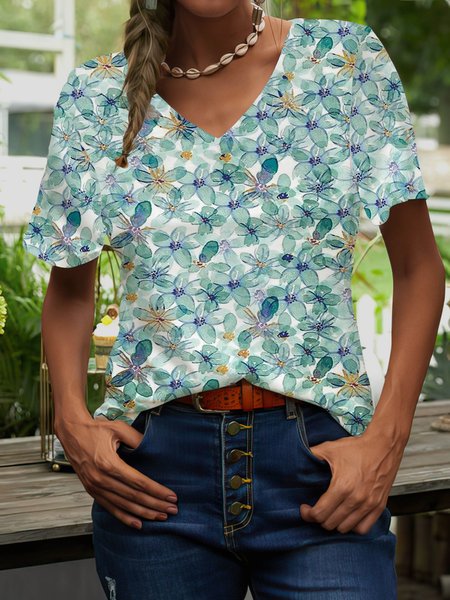 V Neck Floral Casual Short Sleeve Tops, Blue, Tees & T-shirts