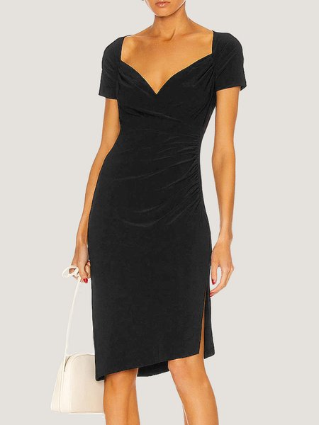 Heart-Shaped Collar Elegant Short Sleeve Slit Fitted Knit Dress, Black, Midi Dresses