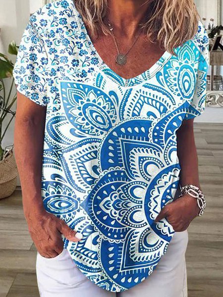 Cotton Blends V Neck Tribal Short Sleeve T-Shirt, Flower, T-Shirts