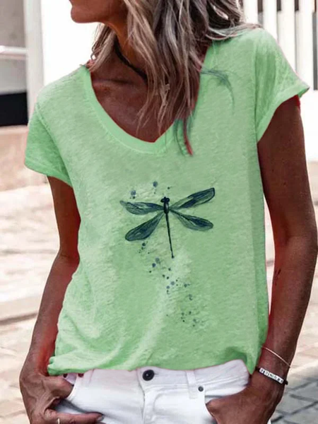 JFN V Neck Dragonfly Casual T-Shirt/Tee, Green, T-Shirts
