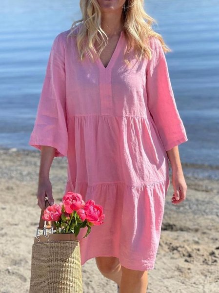 V Neck Vacation Loosen Short Sleeve Woven Dress, Pink, Mini Dresses