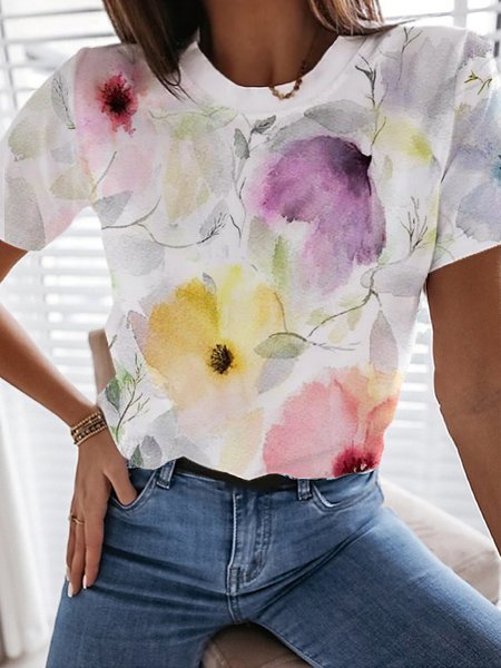Floral Short Sleeve T-Shirt, White, T-Shirts