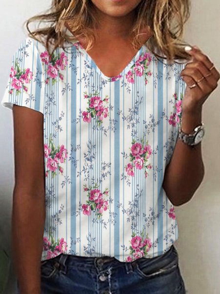 Floral Striped V Neck Casual Short Sleeve Loosen T-Shirt, Flower, T-Shirts