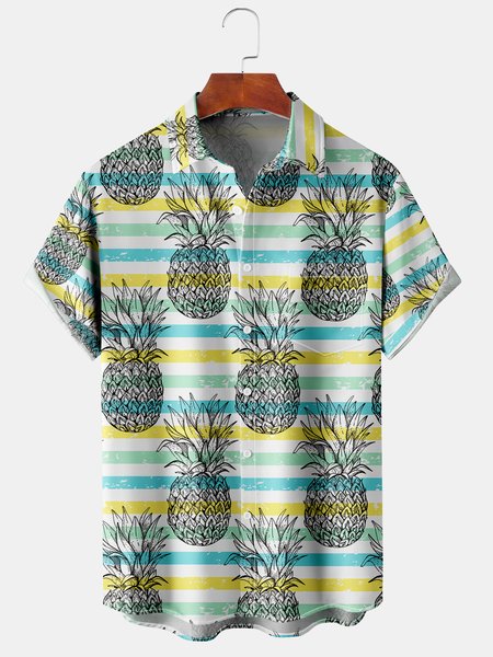 Men's Striped Fruit Print Casual Breathable Short Sleeve Hawaiian Shirt, Green, Men's Floral shirt