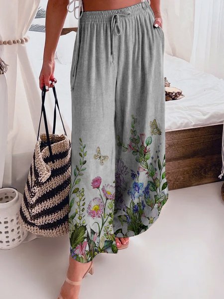 Loosen Floral Vacation Wide Leg Pants, Gray, Pants