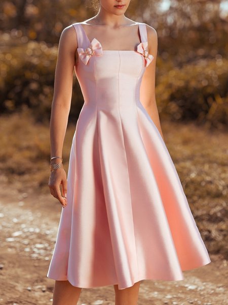 Summer Lightweight Square Neck Plain Sleeveless Woven Dresses, Pink, Midi Dresses