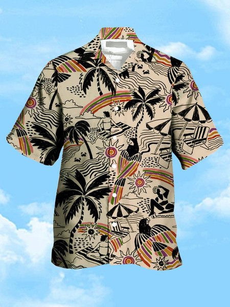 Men's Beach Coconut Tree Print Casual Breathable Hawaiian Short Sleeve Shirt, Light coffee, Men's Floral shirt