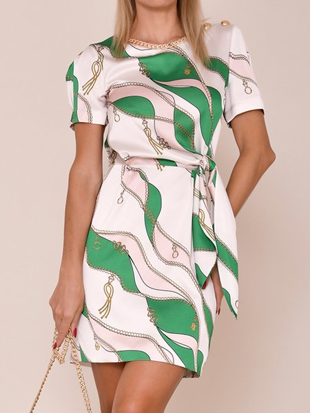 Crew Neck Elegant Printed Short Sleeve Dress, Green, Mini Dresses