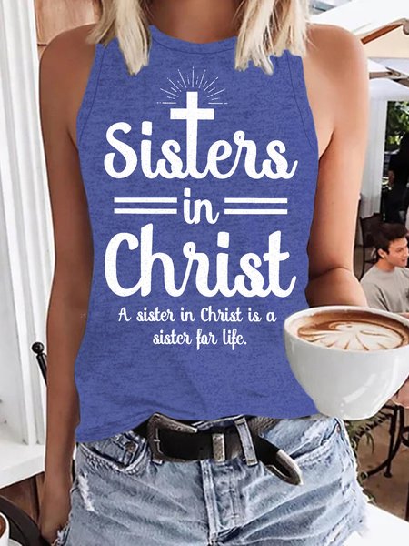 Women's Sisters In Christ Crew Neck Letter Casual Knit, Blue, Tank Tops