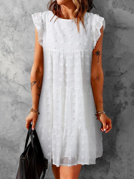 Casual Plain Crew Neck Short Sleeve Woven Dress, White, Dresses