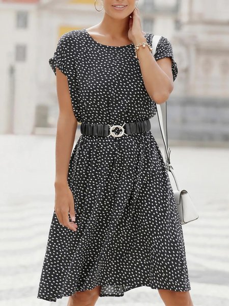 Casual Polka Dots Short Crew Neck Sleeve Woven Dress, Black, Mini Dresses