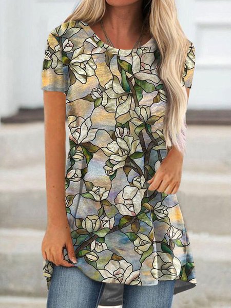 Floral Casual Short Sleeve T-Shirt, Flower, T-Shirts