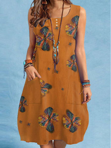 Vacation Loosen Sleeveless Women Dresses, Yellow, Dresses